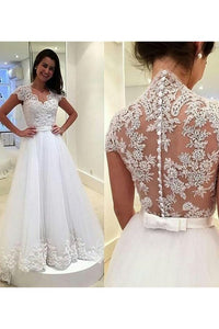 2023 A Line V Neck Wedding Dresses Tulle With Applique And Sash Sweep Train