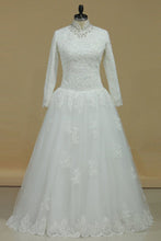 Load image into Gallery viewer, 2024 Muslim Wedding Dresses A-Line High-Neck Tulle With Applique &amp; Beading Floor-Length