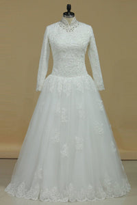 2024 Muslim Wedding Dresses A-Line High-Neck Tulle With Applique & Beading Floor-Length