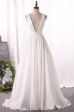 Load image into Gallery viewer, 2023 V Neck A Line Taffeta Evening Dresses Sweep Train Open Back