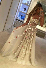 Load image into Gallery viewer, Spaghetti Straps See Through Long A-Line Ivory Prom Dresses With Appliques
