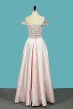 Load image into Gallery viewer, 2024 Off The Shoulder Prom Dresses Satin A Line With Beading Floor Length