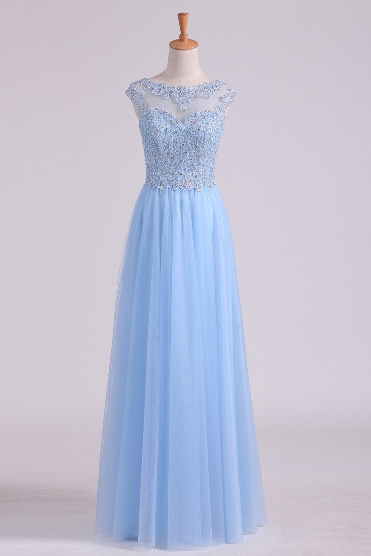 2024 Scoop A Line Prom Dress Beaded Floor Length Pick Up Tulle Skirt With Applique
