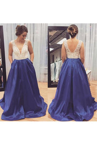2023 A Line V Neck Prom Dresses Satin With Beading Sweep Train Zipper Up