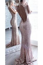 Load image into Gallery viewer, Sparkly Rose Gold Long Sheath Mermaid Open Back Prom Dresses Party Dresses