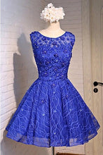 Load image into Gallery viewer, Blue Knee Length Homecoming Dresses with Beads Straps Short Prom Dresses RS803