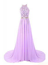 Load image into Gallery viewer, Halter Applique Open Back Long Chiffon Prom Dresses Evening Dresses RS490