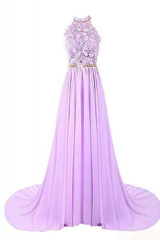 Halter Applique Open Back Long Chiffon Prom Dresses Evening Dresses RS490