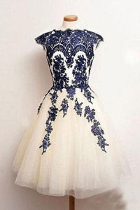 Vintage Scalloped-Edge Knee-Length White Homecoming Dress with Navy Blue Appliques RS487
