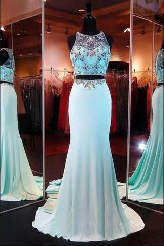 Two Pieces Beading Bodice Long Satin Prom Dresses Evening Dresses RS563