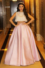 Load image into Gallery viewer, A Line Two Pieces Pink Long Satin Prom Dresses Evening Dresses
