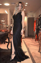 Load image into Gallery viewer, V-neck Black Lace Long Split Prom Dresses Evening Dresses RS501