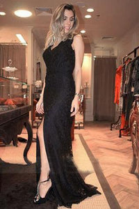 V-neck Black Lace Long Split Prom Dresses Evening Dresses RS501