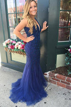 Load image into Gallery viewer, V-neck Beading Backless Long Mermaid Prom Dresses Evening Dresses RS550