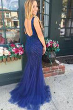 Load image into Gallery viewer, V-neck Beading Backless Long Mermaid Prom Dresses Evening Dresses RS550