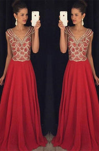 Red V-neck Beading Bodice Long Chiffon Prom Dresses Evening Dresses RS551