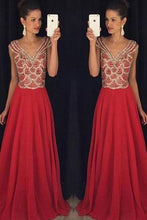 Load image into Gallery viewer, Red V-neck Beading Bodice Long Chiffon Prom Dresses Evening Dresses RS551