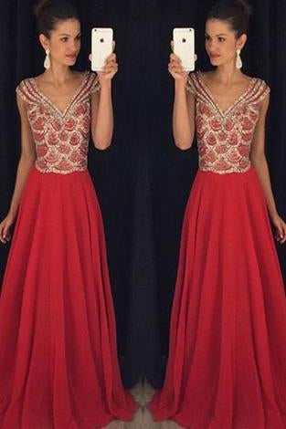 Red V-neck Beading Bodice Long Chiffon Prom Dresses Evening Dresses RS551
