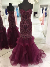 Load image into Gallery viewer, Strapless Sweetheart Long Tulle Mermaid Beads Prom Dresses, Maroon Formal Dresses SRS15433