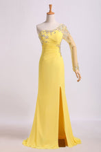 Load image into Gallery viewer, 2024 One Sleeve Column Floor Length Prom Dress With Beading