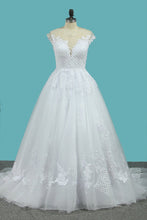 Load image into Gallery viewer, 2024 A Line Tulle Wedding Dresses Scoop Cap Sleeves With Applique Court Train