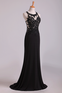 2024 Popular Black Scoop Sheath/Column Prom Dresses With Beading And Applique