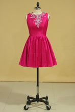 Load image into Gallery viewer, 2024 Scoop A Line Short Homecoming Dresses Taffeta Beaded With Ribbon Fuchsia