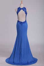 Load image into Gallery viewer, 2024 Prom Dresses Scoop With Applique And Slit Spandex Sheath Open Back