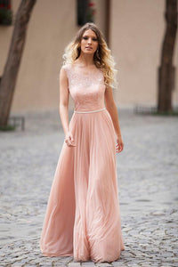 Blush Pink Lace Chiffon Sleeveless Illusion Backless Elegant A-Line Long Prom Dresses RS280