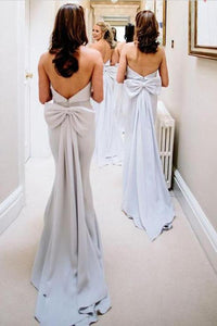Modest Mermaid Strapless Long Light Sky Blue Bridesmaid Dresses with Bow RS834