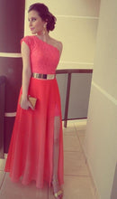 Load image into Gallery viewer, A Line Red One Shoulder Chiffon Lace Long Side Slit Gold Belt Prom Dresses RS68