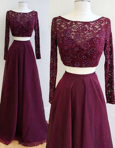 Two Piece Burgundy Bateau Long Sleeves Floor-Length Prom Dress with Lace Beading RS607