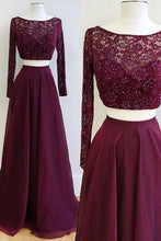 Load image into Gallery viewer, Two Piece Burgundy Bateau Long Sleeves Floor-Length Prom Dress with Lace Beading RS607