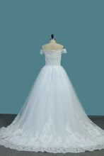 Load image into Gallery viewer, 2024 Tulle A Line Off The Shoulder Wedding Dresses With Applique Sweep Train