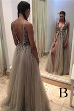 Load image into Gallery viewer, Pretty Deep V-Neck Long Beading Tulle A-Line Gray Prom Dresses