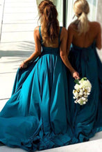 Load image into Gallery viewer, Simple Blue Long Backless Bridesmaid Dresses V Neck With Split