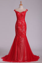 Load image into Gallery viewer, 2024 Sweep Train Bateau Tulle With Applique Mermaid Evening Dresses