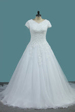 Load image into Gallery viewer, 2024 Tulle Wedding Dresses V Neck Short Sleeves With Applique Court Train