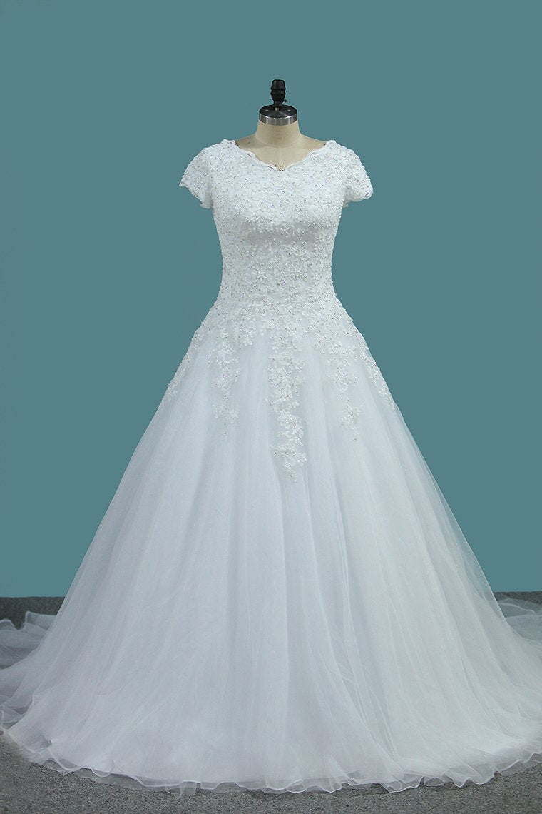 2024 Tulle Wedding Dresses V Neck Short Sleeves With Applique Court Train