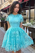 Load image into Gallery viewer, A-Line Short Sleeves Short Homecoming Dress With Lace Appliques