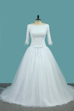 Load image into Gallery viewer, 2023 Mid-Length Sleeves Scoop A Line Wedding Dresses Tulle Chapel Train