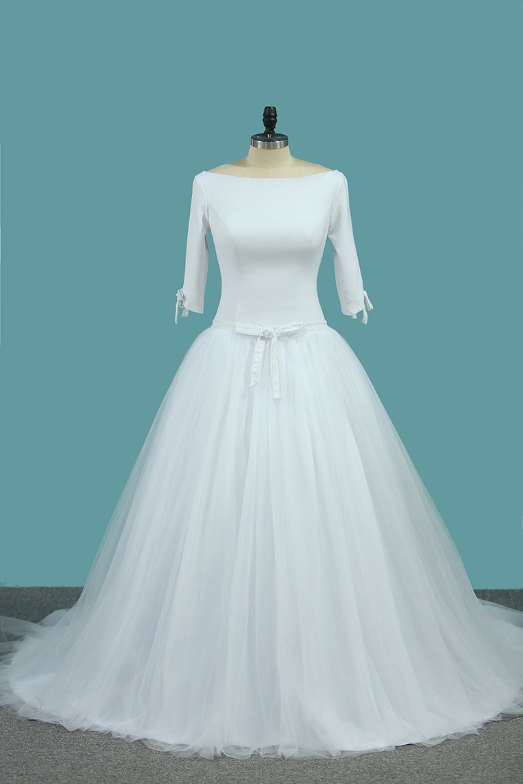 2023 Mid-Length Sleeves Scoop A Line Wedding Dresses Tulle Chapel Train