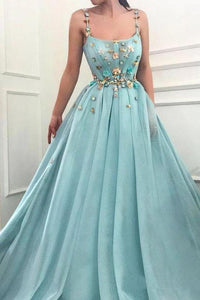 Elegant A Line Spaghetti Straps Tulle Scoop Prom Dresses With Appliques Formal SRSPC4CZXGB