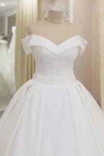 Load image into Gallery viewer, Glitter Off The Shoulder Ball Gown White Sweep Train Wedding Dress