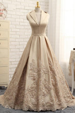Load image into Gallery viewer, Special A-line V-neck Cap Sleeves Satin Appliques Lace Long Formal Evening Dresses RS429