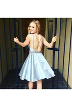 Load image into Gallery viewer, A-Line V-Neck Light Sky Blue Satin Homecoming Dress With Beading