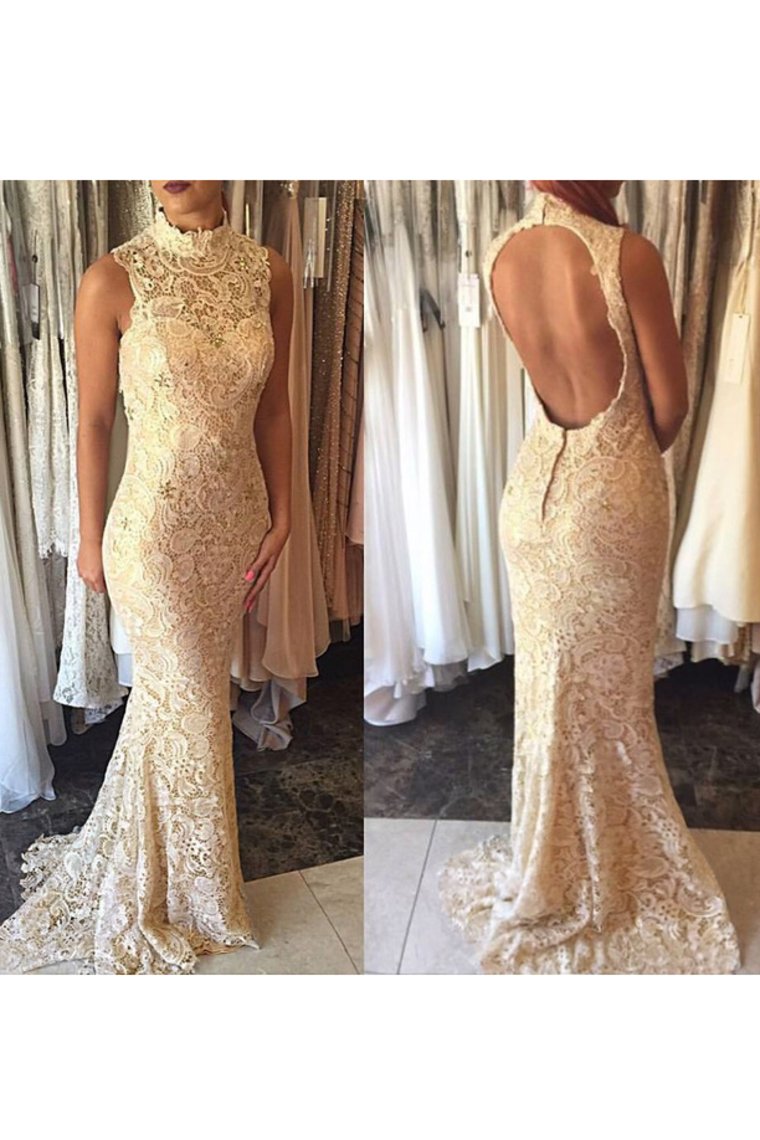 2023 Evening Dresses High Neck Lace Mermaid Sweep Train Open Back