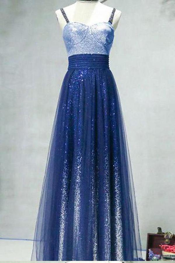 A Line Ombre Spaghetti Straps Tulle Blue Sequins Sweetheart Prom Homecoming Dress RS805