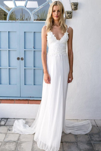 2024 Boho V-neck A-Line White Cheap Lace Chiffon Backless Sash Summer Beach Wedding Dresses RS308