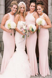 Cheap Elegant Long A-Line Halter Pink Satin Mermaid Bridesmaid Dresses RS15